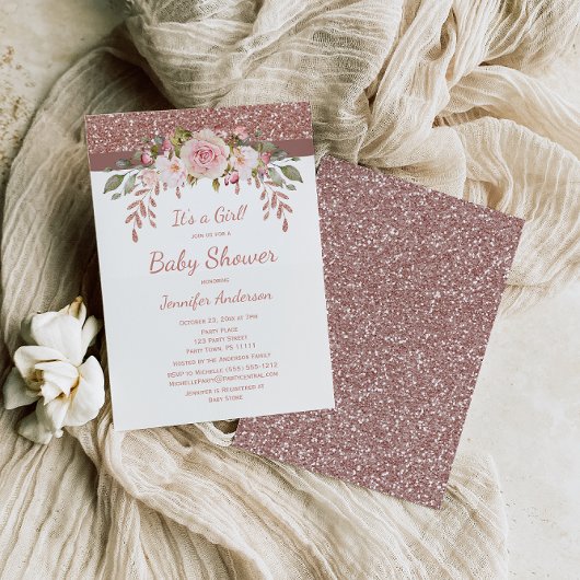 Roze Rose Gold Glitter Girl Baby shower Kaart