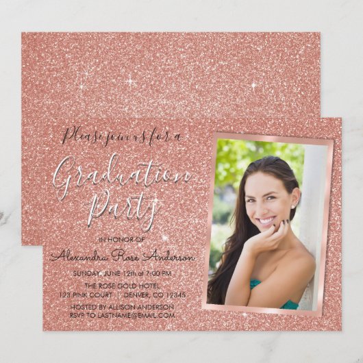 Roze Rose Gold Glitter Graduation Party - Foto Kaart (Voorkant / Achterkant)