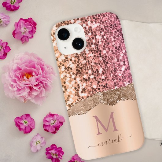 Roze Rose Gold - Glitter Initialen Moderne Monogra Case-Mate iPhone Case