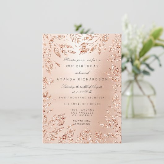 Roze Rose Gold Glitter Leafs Floral Lijst Crystal Kaart (Staand voorkant)
