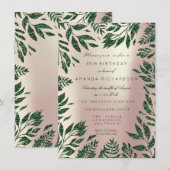 Roze Rose Gold Glitter Leafs Floral Lijst Green Kaart (Voorkant / Achterkant)