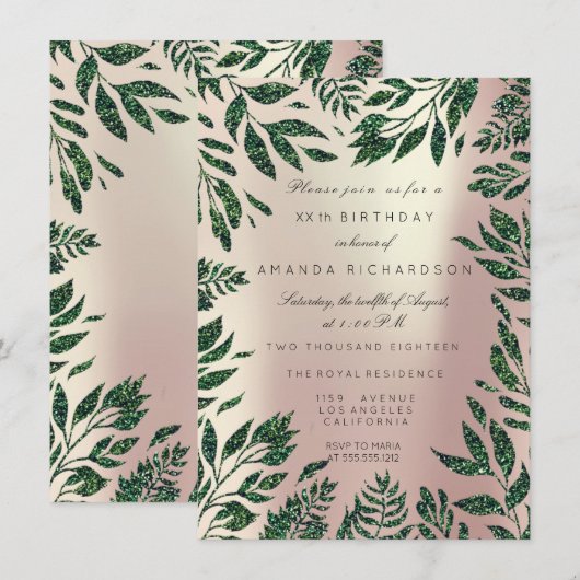 Roze Rose Gold Glitter Leafs Floral Lijst Green Kaart (Voorkant / Achterkant)