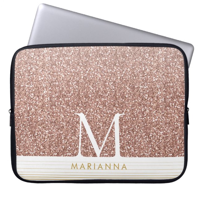 Roze Rose Gold Glitter Moderne Monogram laptop Sleeve (Voorkant)