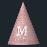 Roze Rose Gold Glitter Name en Monogram Feesthoedjes<br><div class="desc">Roze Rose Gold Glitter-Pet,  gepersonaliseerd met jouw naam en monogram,  voor Birthday,  Bachelorette,  Baby Girl Shower,  Mijn zoete 16-feest.</div>