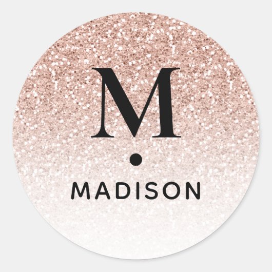 Roze Rose Gold Glitter Ombre Modern Monogram Naam Ronde Sticker (Voorkant)