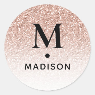 Roze Rose Gold Glitter Ombre Modern Monogram Naam Ronde Sticker