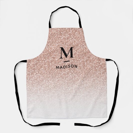 Roze Rose Gold Glitter Ombre Modern Monogram Naam Schort (Voorkant)