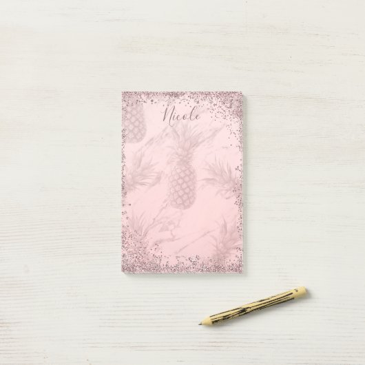 Roze Rose Gold Glitter Pineappel Tropische afbeeld Post-it® Notes (Op bureau)