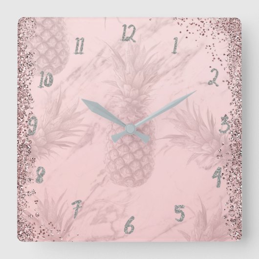 Roze Rose Gold Glitter Pineappel Tropische afbeeld Vierkante Klok (Voorkant)