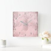 Roze Rose Gold Glitter Pineappel Tropische afbeeld Vierkante Klok (Huis)