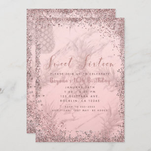Roze Rose Gold Glitter Pineapple Sweet 16 Party Kaart