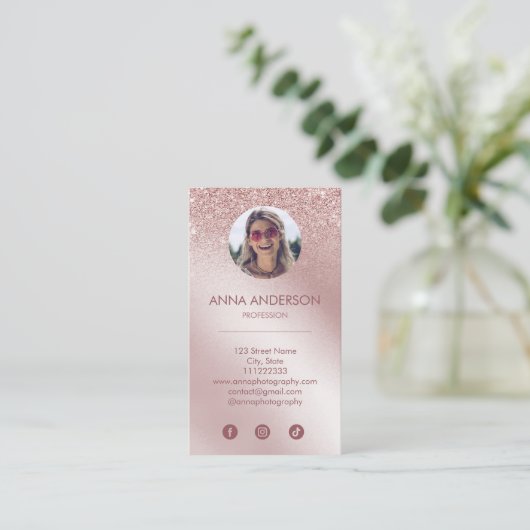 Roze Rose Gold Glitter Professional Social Media Visitekaartje (Staand voorkant)