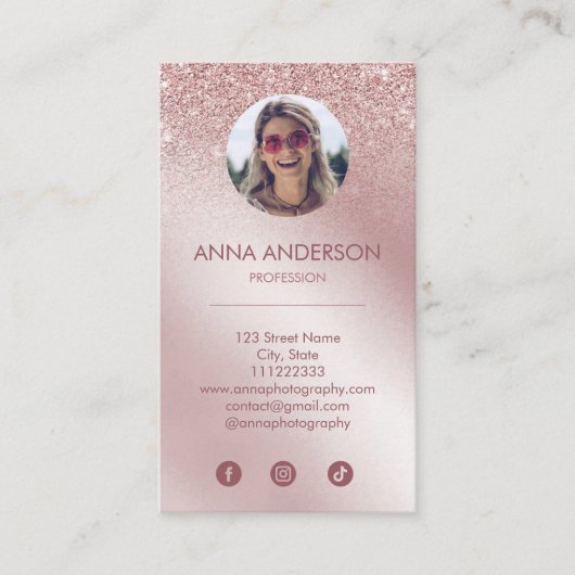 Roze Rose Gold Glitter Professional Social Media Visitekaartje (Voorkant)