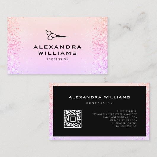 Roze Rose Gold Glitter QR Code Scissor Modern Visitekaartje (Voorkant / Achterkant)