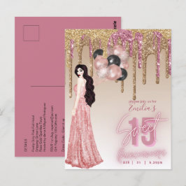 Roze Rose Gold Glitter Quinceanera Brunette Girl Briefkaart