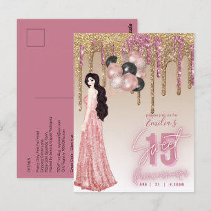 Roze Rose Gold Glitter Quinceanera Brunette Girl Briefkaart