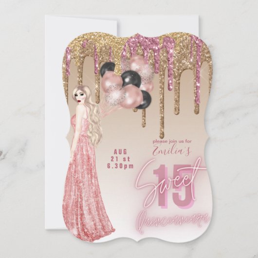 Roze Rose Gold Glitter Quinceanera Uitnodiging (Voorkant)