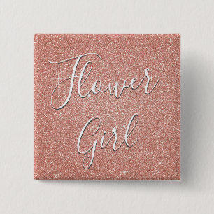 Roze Rose Gold Glitter & Sparkle Bloemenmeisje Vierkante Button 5,1 Cm
