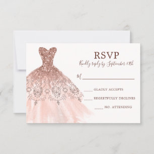 Roze Rose Gold Glitter Sparkle Dress Gown Script RSVP Kaartje