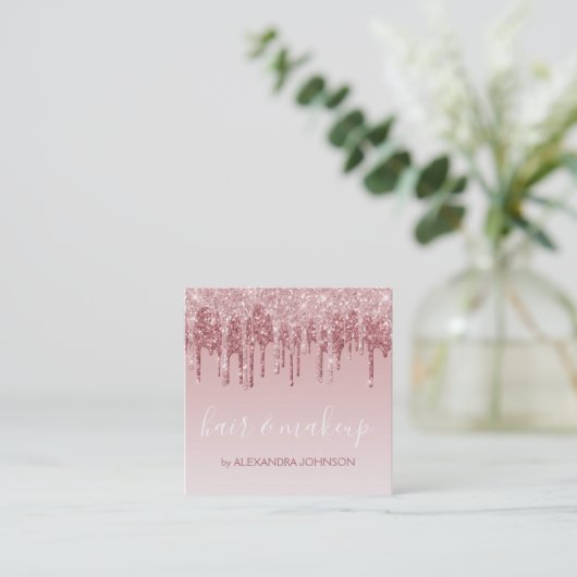 Roze Rose Gold Glitter Sparkle Hair Makeup Vierkante Visitekaartje (Staand voorkant)
