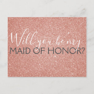 Roze Rose Gold Glitter & Sparkle Maid of Honor Uitnodiging Briefkaart