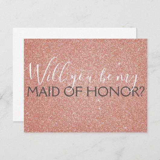 Roze Rose Gold Glitter & Sparkle Maid of Honor Uitnodiging Briefkaart (Voorkant / Achterkant)