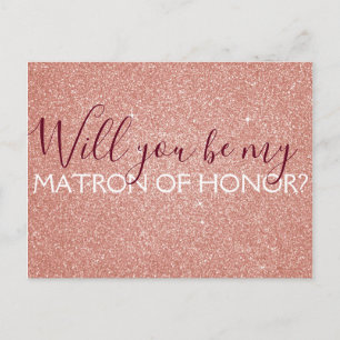 Roze Rose Gold Glitter & Sparkle Matron of Honor Uitnodiging Briefkaart