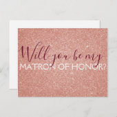 Roze Rose Gold Glitter & Sparkle Matron of Honor Uitnodiging Briefkaart (Voorkant / Achterkant)