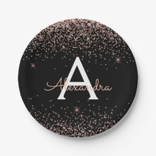 Roze Rose Gold Glitter Sparkle Monogram Birthday Papieren Bordje