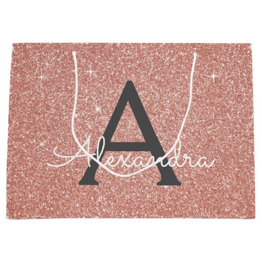 Roze Rose Gold Glitter & Sparkle Monogram Groot Cadeauzakje (Voorkant)