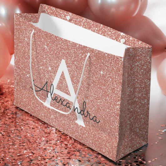 Roze Rose Gold Glitter & Sparkle Monogram Groot Cadeauzakje