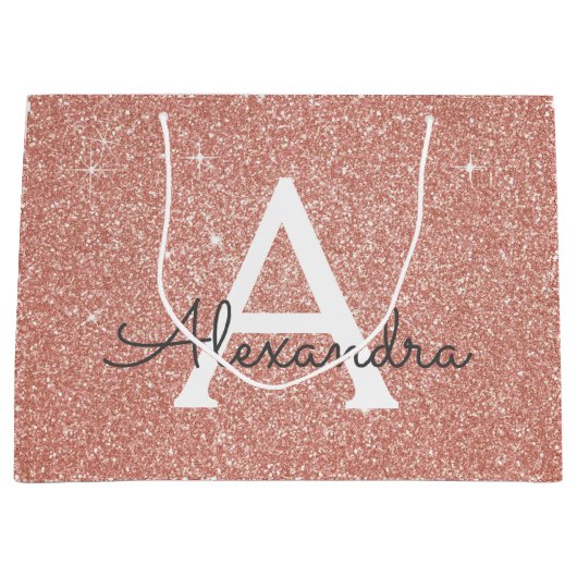 Roze Rose Gold Glitter & Sparkle Monogram Groot Cadeauzakje (Voorkant)