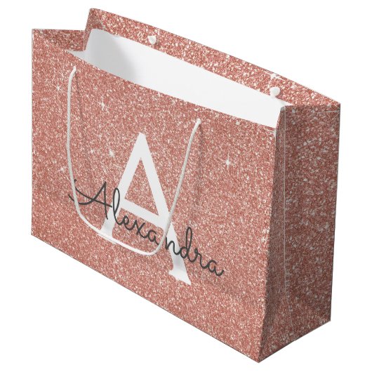 Roze Rose Gold Glitter & Sparkle Monogram Groot Cadeauzakje (Voorkant Gekanteld)