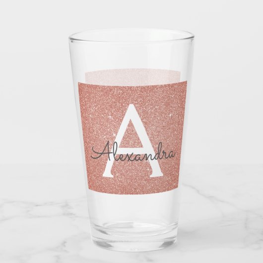 Roze Rose Gold Glitter & Sparkle Monogram Huwelijk Glas (Achterkant)