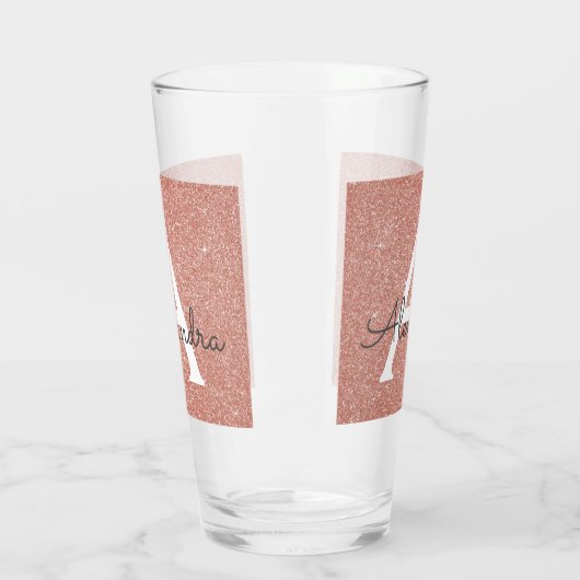 Roze Rose Gold Glitter & Sparkle Monogram Huwelijk Glas (Links)
