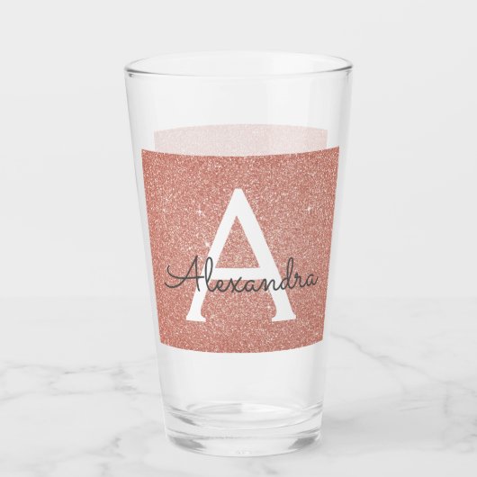Roze Rose Gold Glitter & Sparkle Monogram Huwelijk Glas (Voorkant)