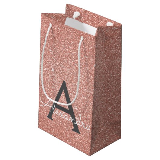 Roze Rose Gold Glitter & Sparkle Monogram Klein Cadeauzakje (Achterkant Gekanteld)