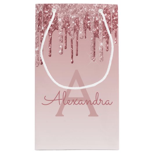 Roze Rose Gold Glitter & Sparkle Monogram Klein Cadeauzakje (Achterkant)