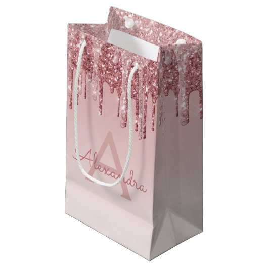 Roze Rose Gold Glitter & Sparkle Monogram Klein Cadeauzakje (Voorkant Gekanteld)