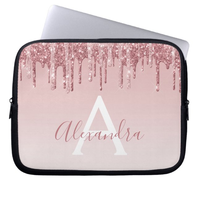 Roze Rose Gold Glitter Sparkle Monogram Laptop Sleeve (Voorkant)