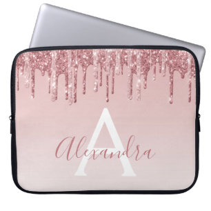 Roze Rose Gold Glitter Sparkle Monogram Laptop Sleeve