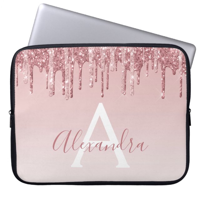Roze Rose Gold Glitter Sparkle Monogram Laptop Sleeve (Voorkant)
