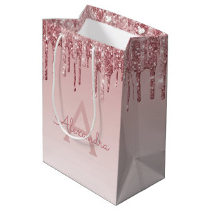 Roze Rose Gold Glitter & Sparkle Monogram Medium Cadeauzakje