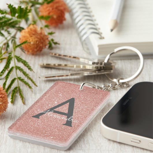 Roze Rose Gold Glitter & Sparkle Monogram Sleutelhanger (Voorkant Rechts)