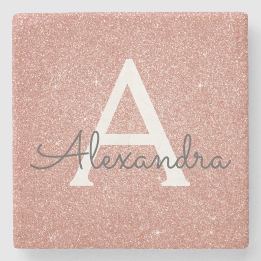 Roze Rose Gold Glitter & Sparkle Monogram Stenen Onderzetter (Voorkant)