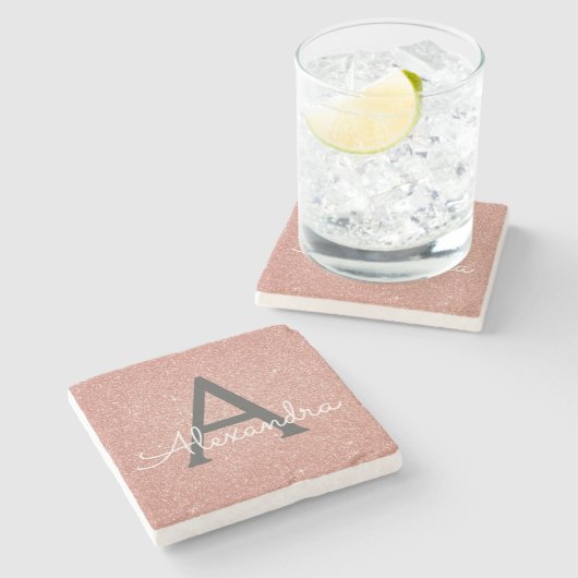 Roze Rose Gold Glitter & Sparkle Monogram Stenen Onderzetter (Zijkant)