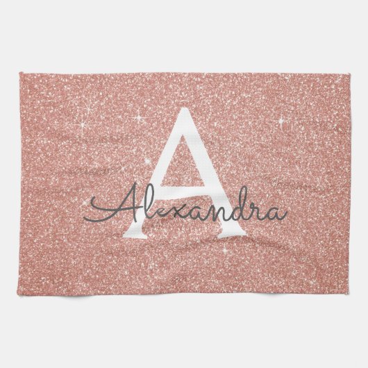 Roze Rose Gold Glitter & Sparkle Monogram Theedoek (Horizontaal)