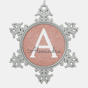 Roze Rose Gold Glitter & Sparkle Monogram Tin Sneeuwvlok Ornament