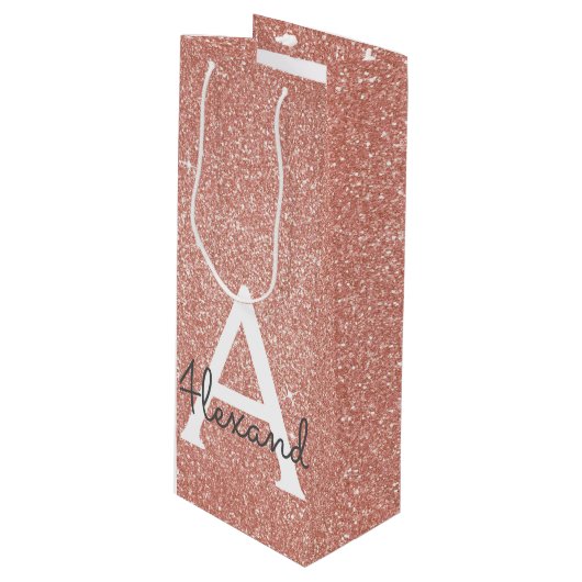 Roze Rose Gold Glitter & Sparkle Monogram Wijn Cadeautas (Voorkant Gekanteld)