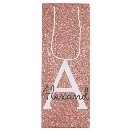 Roze Rose Gold Glitter & Sparkle Monogram Wijn Cadeautas (Voorkant)